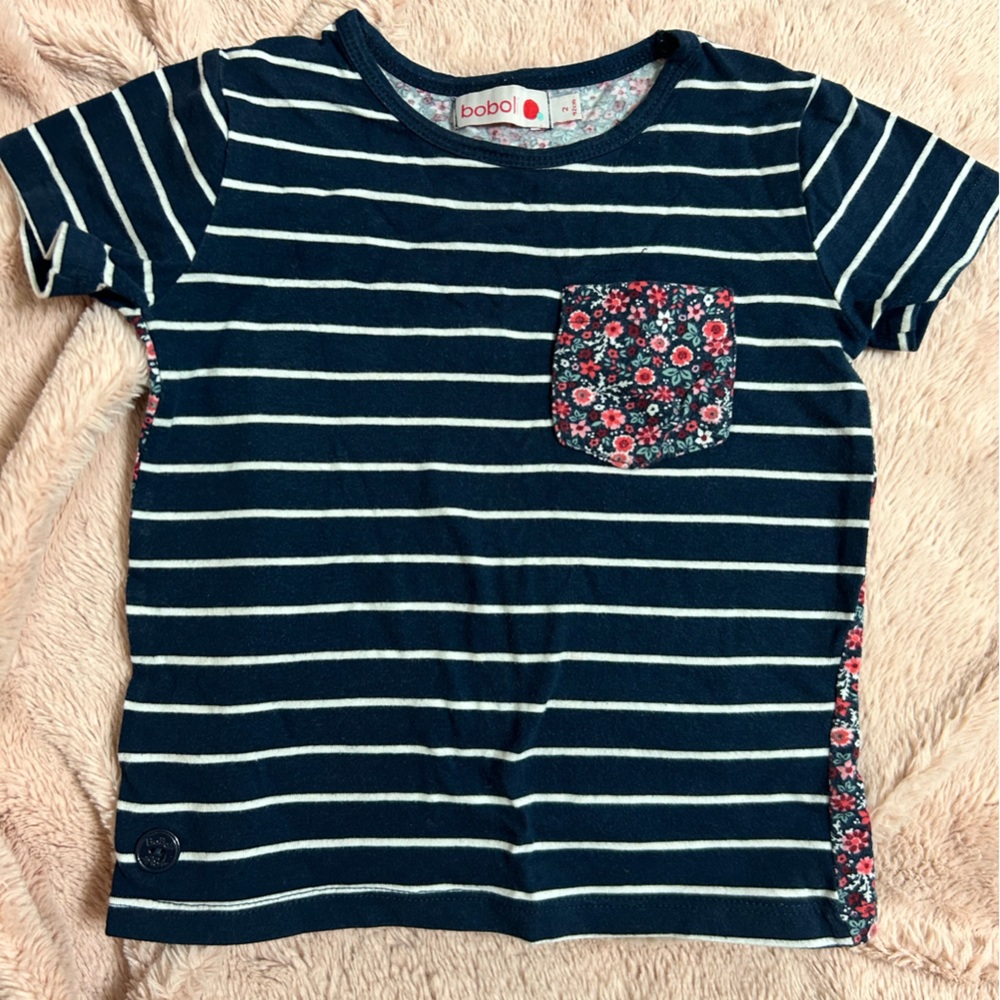 Blue and White Short Sleeve Tee with Stripes